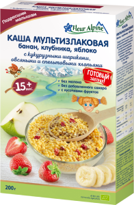 Daugiagrūdžiai dribsniai su bananais, obuolių ir braškių gabaliukais