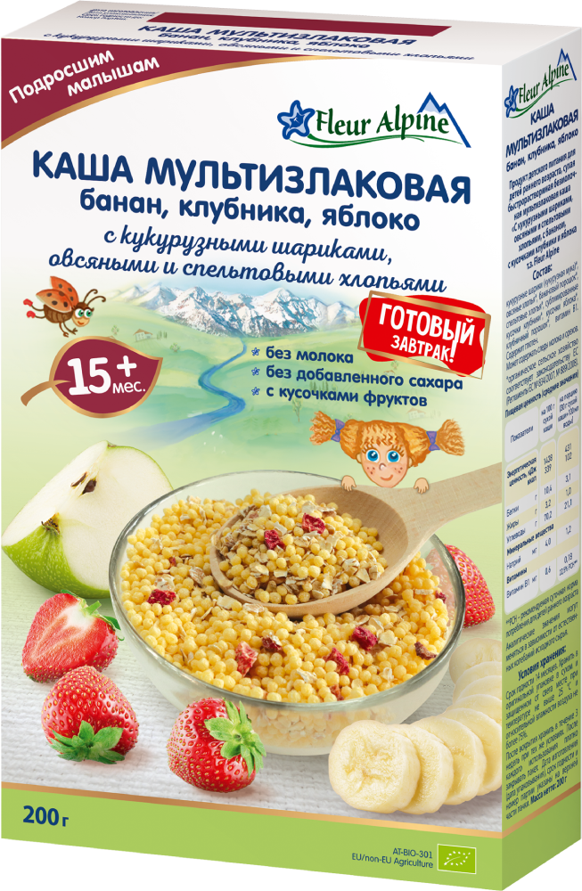 Daugiagrūdžiai dribsniai su bananais, obuolių ir braškių gabaliukais